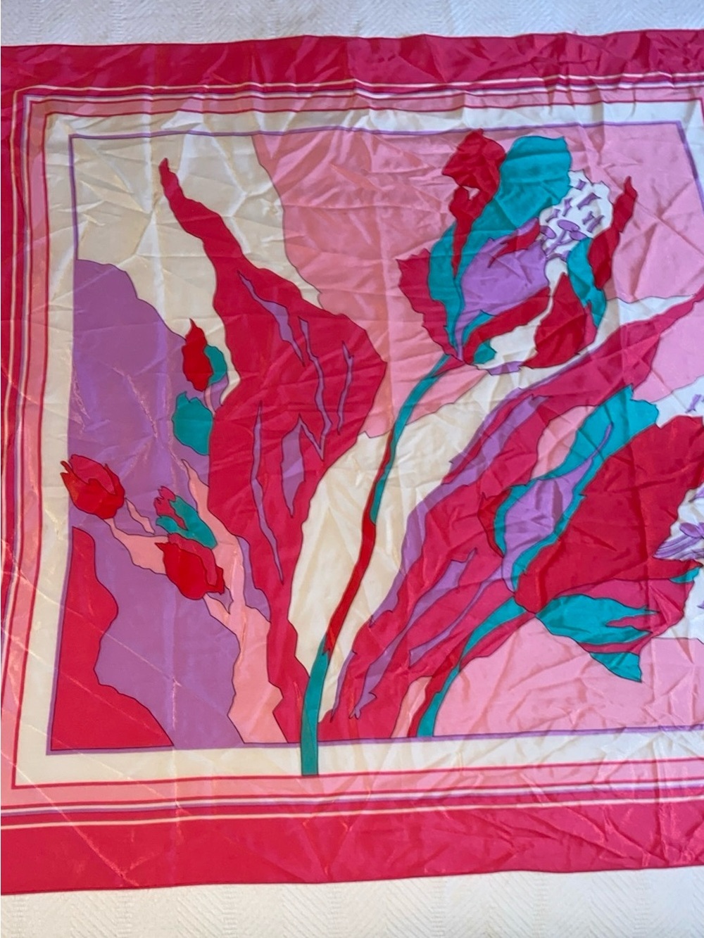 CHANG JOH VINTAGE  Square Silk Scarf  Bright Fuchsia Pink And Red 34x34